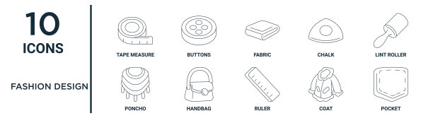 时尚设计轮廓图标集包括细线卷尺，织物，皮棉辊，手提包，大衣，口袋，雨披图标报告，演示，图表，网页设计图片下载