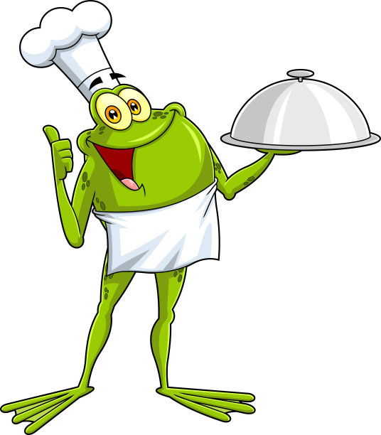 青蛙厨师卡通人物拿着一个银盘，竖起大拇指图片下载