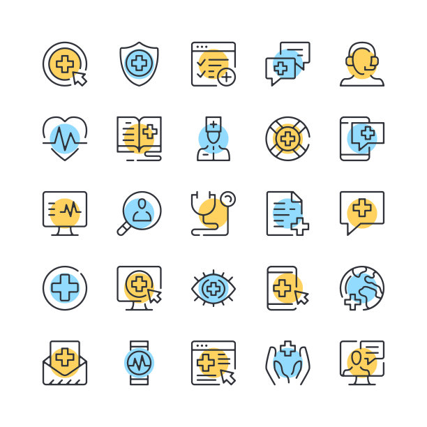 数字健康线图标。医疗保健技术图标集。黑色、蓝色和黄色。现代线性轮廓图形设计。矢量线图标集图片下载