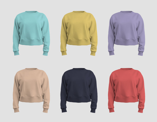 模特的女性作物运动衫，黄色，紫色，深蓝色，棕褐色，裸色，红色，蓝绿色，衬衫画布贝拉3D渲染，孤立的背景。图片下载