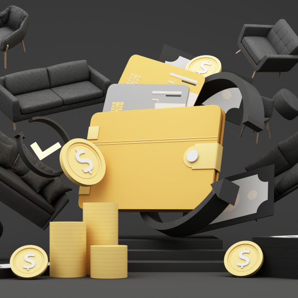 在促销和折扣期间，周围有床、沙发、扶手椅和广告位的横幅。黑色背景。三维渲染图片下载