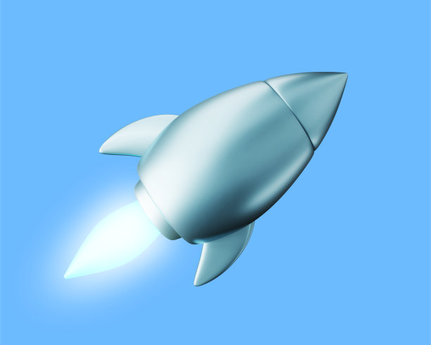 三维插图的飞行飞船在蓝色背景与火焰。创业火箭3d渲染设计图片下载