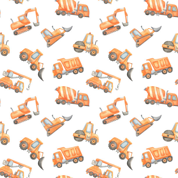 水彩无缝图案与施工设备上的白色。挖掘机，混凝土搅拌机和卡车。图片下载