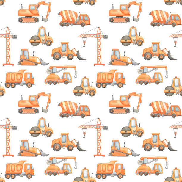 水彩无缝图案与施工设备上的白色。挖掘机，混凝土搅拌机和卡车。图片下载
