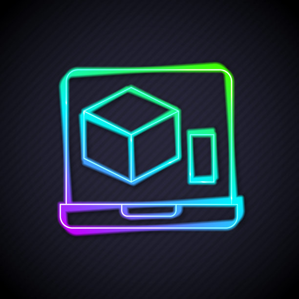发光的霓虹灯线3D打印机图标隔离在黑色背景。3 d打印技术。向量图片下载