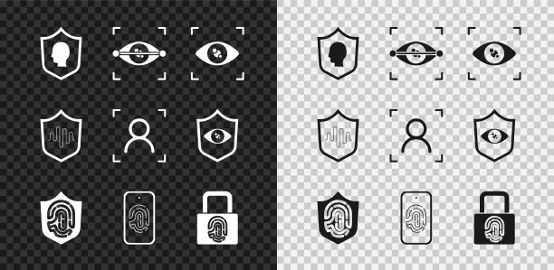 设置用户保护，眼睛扫描，盾内指纹，带指纹移动，锁定，盾语音识别和面部图标。向量图片下载