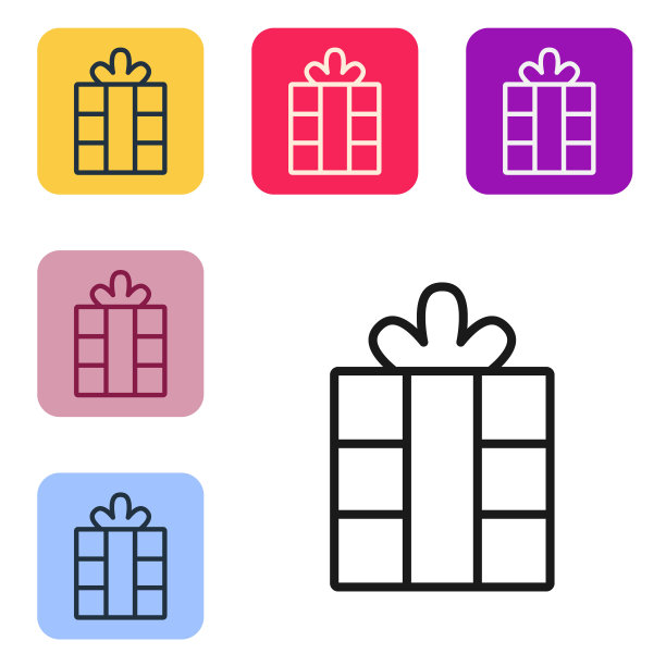 黑色线条礼品盒图标，圣诞节新年彩色方块按钮矢量素材图片下载