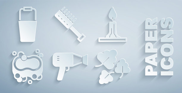 设置吹风机，燃烧的蜡烛，肥皂条，橡树叶，桑拿刷和桶图标。向量图片下载