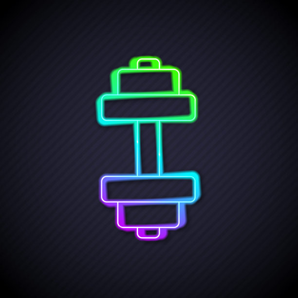 发光的霓虹灯线哑铃图标隔离在黑色背景。肌肉举、健身杠铃、运动器材。向量图片下载