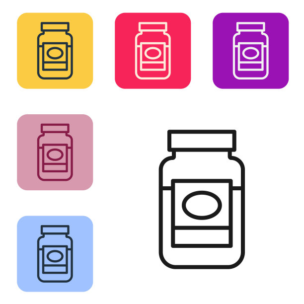 黑线果酱罐图标孤立在白色背景。设置图标为彩色方框按钮。向量图片下载