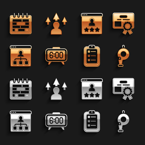 设置数字闹钟，证书模板，哨子，待办事项列表或计划，在线教育，客户产品评级，日历和前台开发图标。向量图片下载