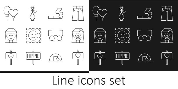 设定线和平，嬉皮女孩，香烟，LSD酸标记，气球，眼镜和花在花瓶图标。向量图片下载