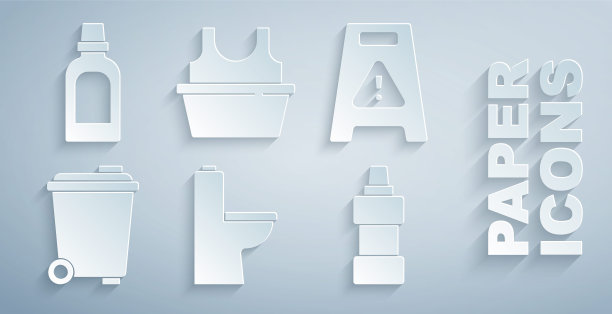 设置马桶，湿地板，垃圾桶，清洁剂瓶，带有衬衫和图标的脸盆。向量图片下载