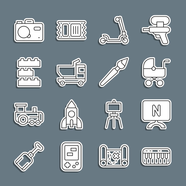 集线音乐合成器，智能电视，婴儿推车，滑板车，玩具卡车，积木砖，照片相机和油漆刷图标。向量图片下载