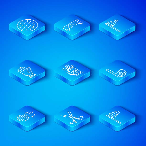 集线高尔夫球，袋与俱乐部，交叉高尔夫球，旗帜，手套，和图标。向量图片下载