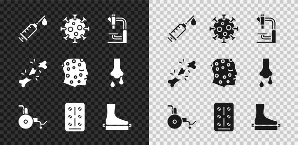 设置注射器，病毒，显微镜，轮椅，水泡包，扁平足，人体骨折和牛皮癣或湿疹皮疹图标。向量图片下载