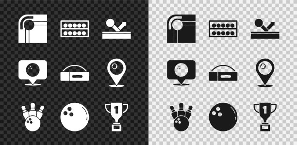 设置台球桌，球的立场，保龄球瓶，奖项杯，位置与保龄球和案件台球cue图标。向量图片下载