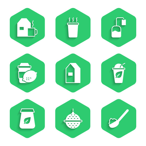 牛奶纸包装，茶球滤网，糖勺，茶叶杯，茶叶包装，柠檬，包和图标。向量图片下载