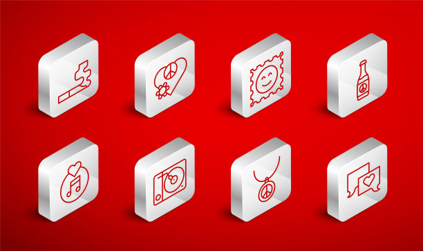 套装线语音泡泡聊天，爱和平，LSD酸标记，啤酒瓶，项链与符号，香烟，黑胶播放器和磁盘图标。向量图片下载