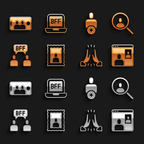 设置相框，放大镜搜索，视频聊天会议，非正式问候，最好的朋友永远，添加到，自拍手机和图标。向量图片下载