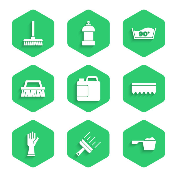 设置瓶清洗剂，橡胶清洗剂窗口，洗衣粉，海绵，手套，刷子，温度清洗和手柄扫帚图标。向量图片下载