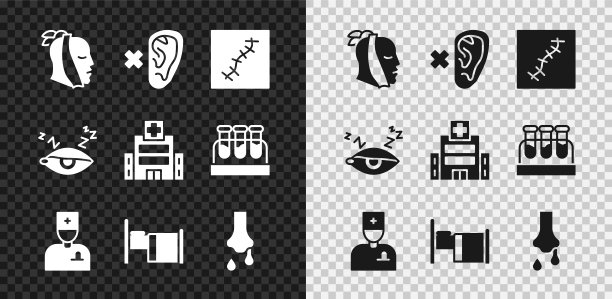 设置牙痛，聋，疤痕与缝合，男医生，医院病床，流鼻涕，失眠和医疗医院建筑图标。向量图片下载