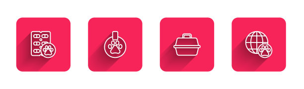 设置线狗药丸，项圈与名牌，宠物手提箱和世界宠物长影子。红色方块按钮。向量图片下载