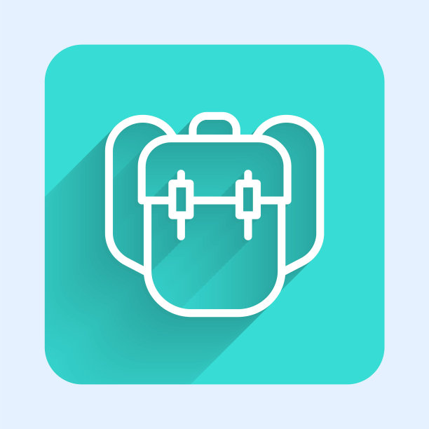 白色线条学校双肩包图标孤立与长影子。绿色方形按钮。向量图片下载