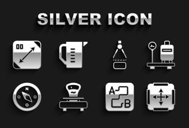 设置刻度，手提箱，面积测量，路线位置，指南针，绘图指南针，对角线测量和测量杯图标。向量图片下载