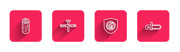 设置线条原木，金属钉，和长阴影的链锯。红色方块按钮。向量图片下载