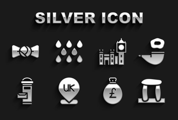 设置地点英国，吸烟烟斗，巨石阵，钱袋与英镑，伦敦邮箱，大本钟塔，领结和水滴图标。向量图片下载