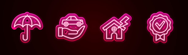 设置线雨伞，车险，房屋和闪电和批准的检查标志。发光的霓虹灯图标。向量图片下载