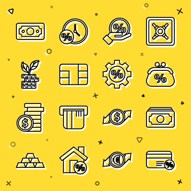 设置线折扣卡与百分比，堆叠纸币现金，钱包，标签，信用芯片，美元植物，齿轮图标。向量图片下载