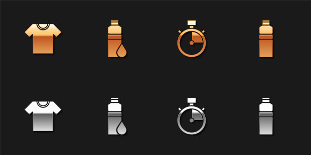 设置t恤，健身摇瓶，秒表和图标。向量图片下载