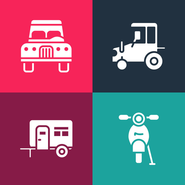 集流行艺术滑板车，房车露营拖车，拖拉机和汽车图标。向量图片下载