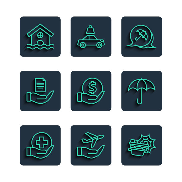 集行人寿保险，飞机手，车祸，雨伞，钱与盾，合同，房子洪水和图标。向量图片下载