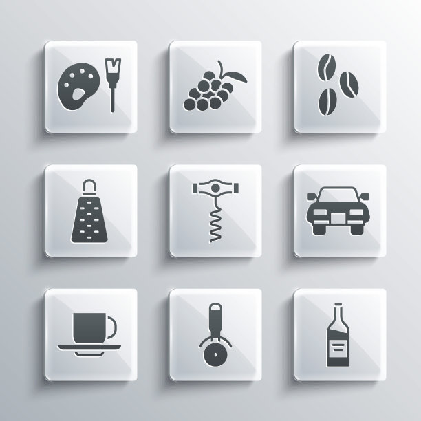 设置比萨饼刀，瓶酒，汽车，葡萄酒开瓶器，咖啡杯，磨砂器，油漆刷与调色板和豆子图标。向量图片下载