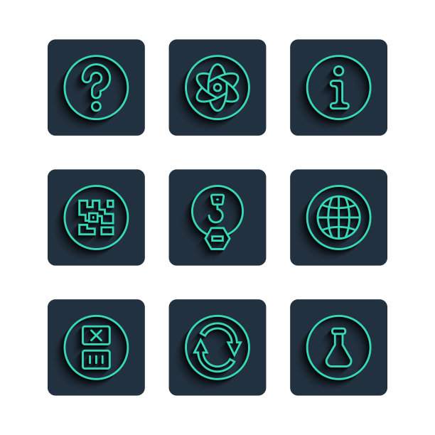 设置线温度洗涤，回收符号，试管和烧瓶，信息，工业钩，二维码，未知搜索和社交网络图标。向量图片下载