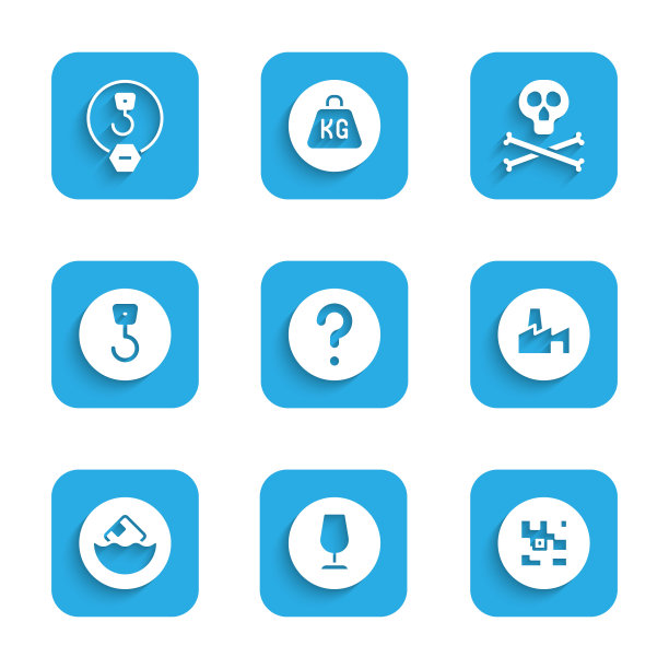 设置未知搜索，易碎玻璃，二维码，工厂生产，纸箱纸箱，工业钩，骨头和头骨警告和图标。向量图片下载