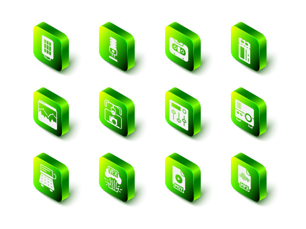 设置麦克风，复古盒式磁带，电影票，媒体投影仪，MP3文件文件，混音控制器，MOV和VFX图标。向量图片下载