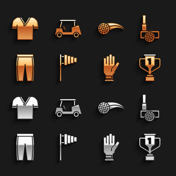 设置高尔夫旗帜，带球的球杆，高尔夫奖杯，手套，裤子，衬衫和汽车图标。向量图片下载