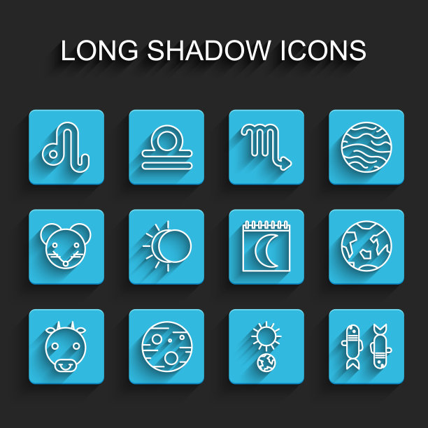 集行牛生肖，火星，狮子座，至日，双鱼座，日食，地球和月亮相日历图标。向量图片下载