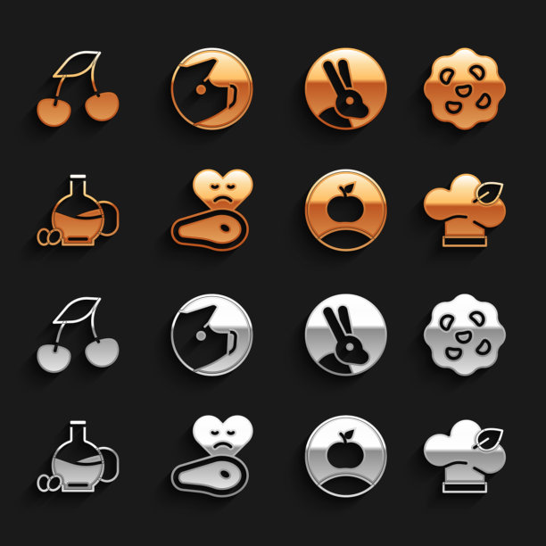 集牛排肉，饼干或饼干，素食饮食，苹果，一瓶橄榄油，兔子，新鲜浆果和猪图标。向量图片下载