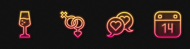 将台词“心”放在言语泡泡中，香槟杯，性别和日历与2月14日。发光的霓虹灯图标。向量图片下载