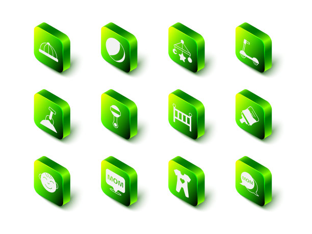 集沙滩球，婴儿床挂玩具，滑板车，瓶子，语音泡泡妈妈，摇篮床，衣服和图标。向量图片下载