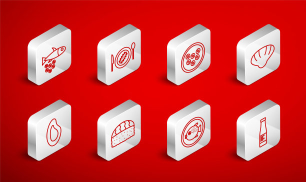 集线酱瓶，黄瓜盘，鱼子酱，扇贝海贝壳，河豚，鱼子酱鱼，寿司和贻贝图标。向量图片下载