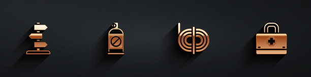 设置道路交通标志，防虫喷雾，攀爬绳和急救箱图标，并带有长阴影。向量图片下载