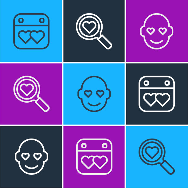 集行日历与心，浪漫的男人和搜索和爱的图标。向量图片下载