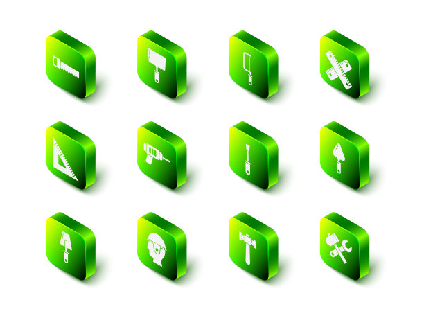 设置油灰刀、钢锯、十字尺、镘刀、锤子和扳手扳手、螺丝刀和工人安全帽图标。向量图片下载