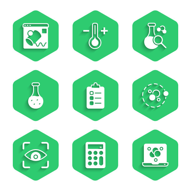 设置做列表或计划，计算器，化学公式，原子，眼睛扫描，试管，和数据可视化图标。向量图片下载